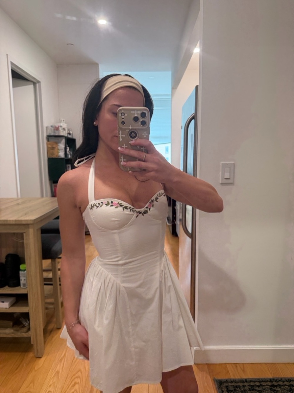Strapless White Sweetheart Mini Dress with Floral Trim